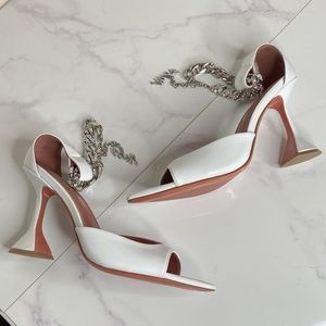 Amina Muaddi x AWGE White Patent Leather Sandals Crystal Chain Strap Open Toe 37